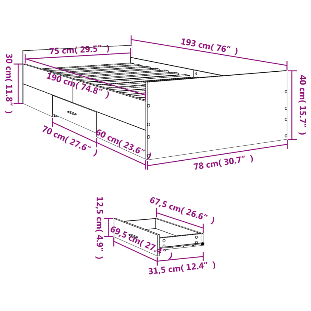 Bed Frame with Drawers without Mattress White 75x190 cm Small Single