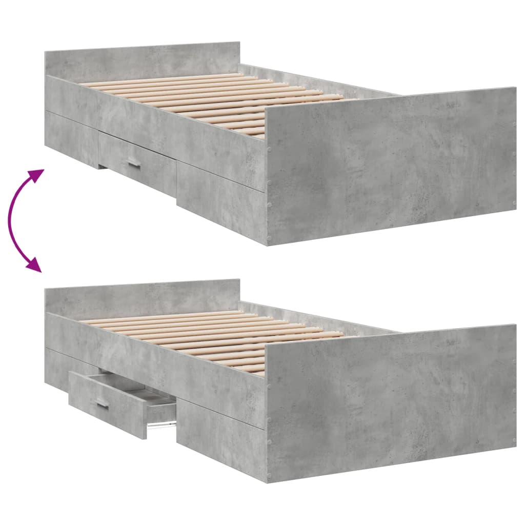 Bed Frame with Drawers without Mattress Concrete Grey 75x190 cm Small Single