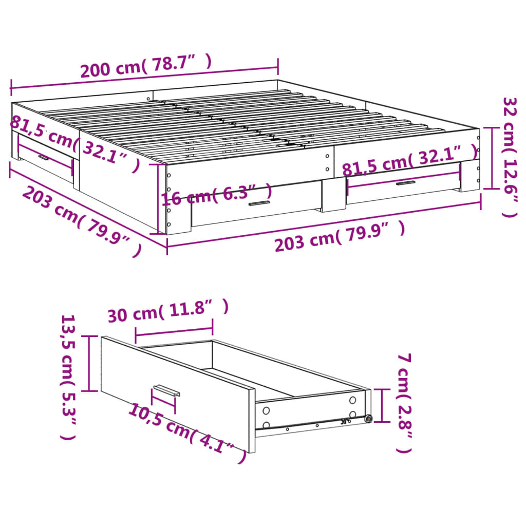 Bed Frame with Drawers without Mattress Black 200x200 cm