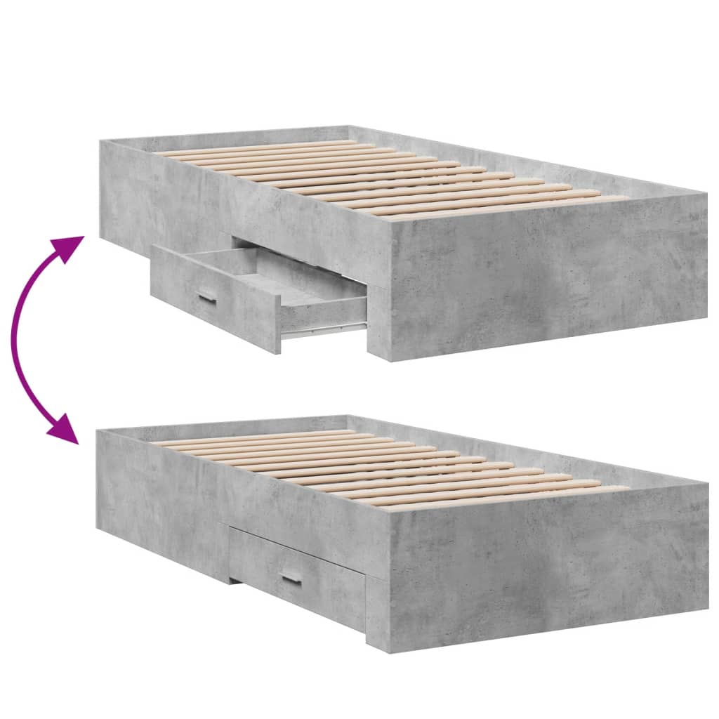 Bed Frame with Drawers without Mattress Concrete Grey 75x190 cm Small Single