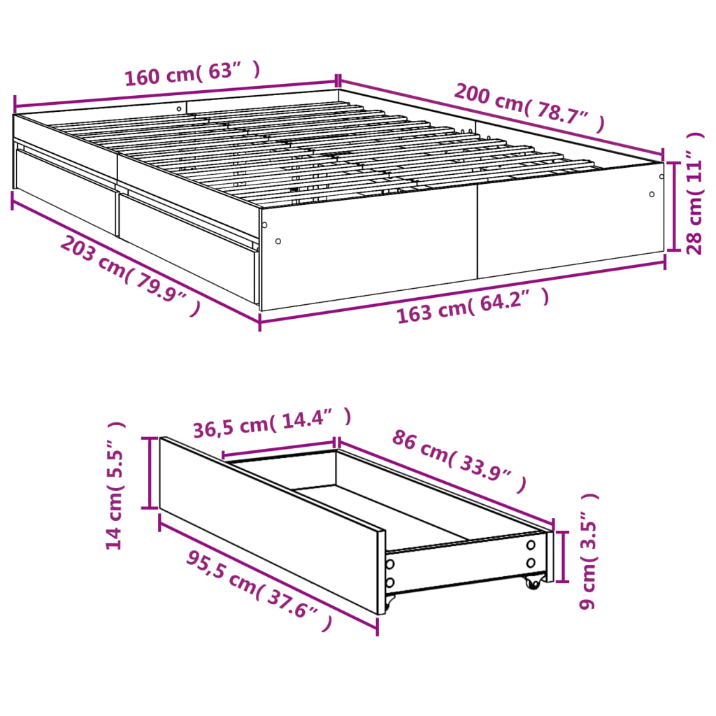 Bed Frame with Drawers without Mattress White 160x200 cm