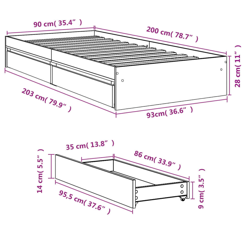 Bed Frame with Drawers without Mattress Concrete Grey 90x200 cm