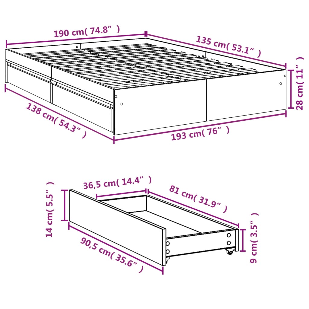 Bed Frame with Drawers without Mattress White 135x190 cm Double