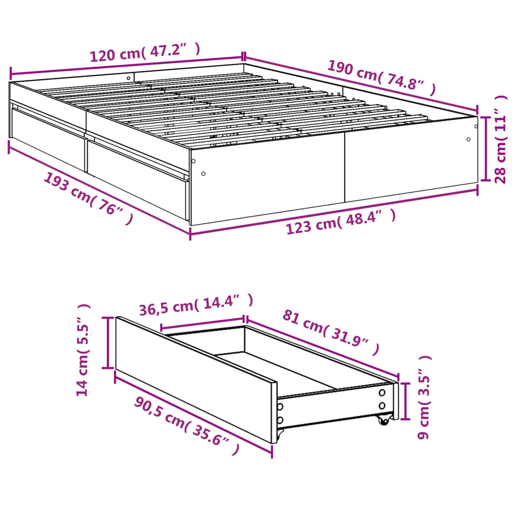 Bed Frame with Drawers without Mattress Grey Sonoma 120x190 cm Small Double