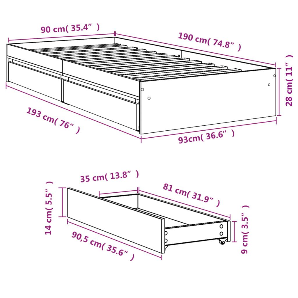 Bed Frame with Drawers without Mattress Grey Sonoma 90x190 cm Single