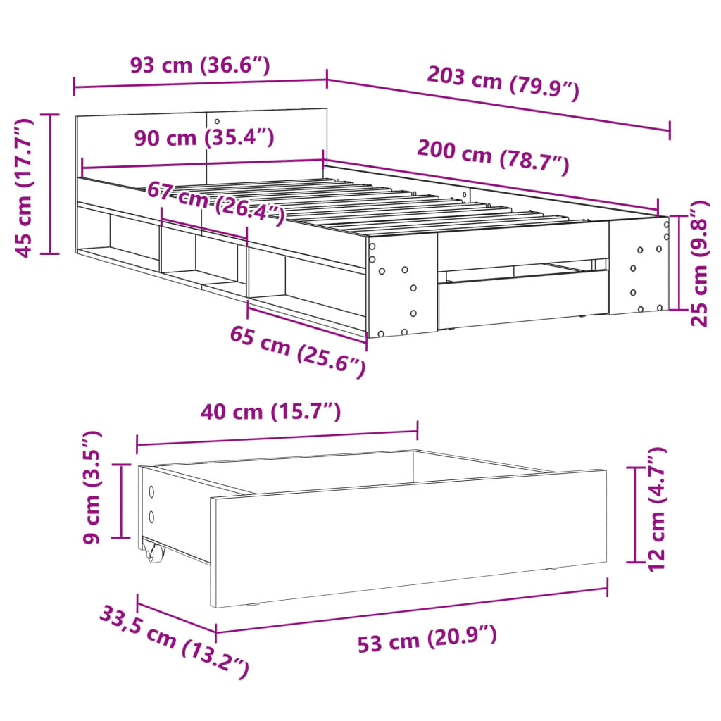 Bed Frame with Drawer without Mattress Brown Oak 90x200 cm