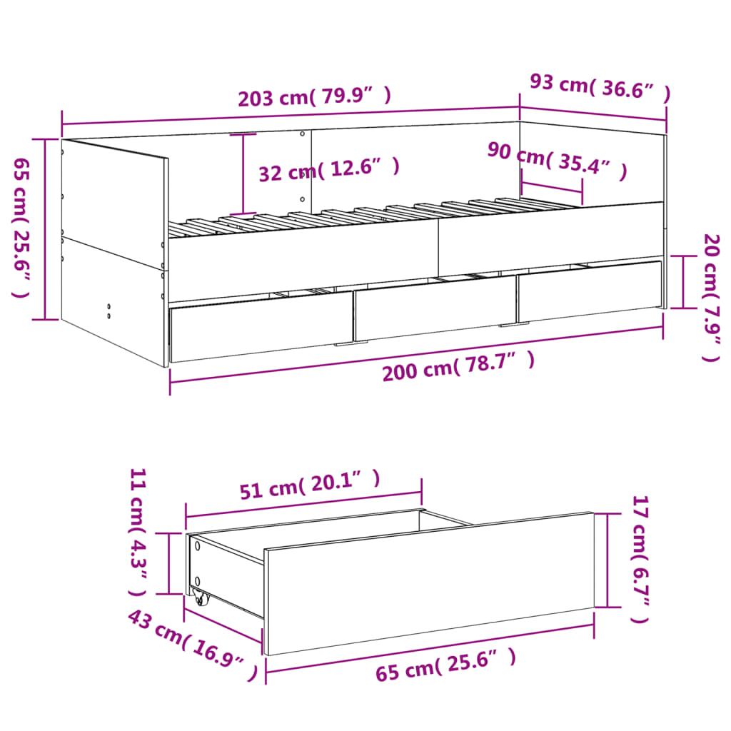 Daybed with Drawers without Mattress Smoked Oak 90x200 cm