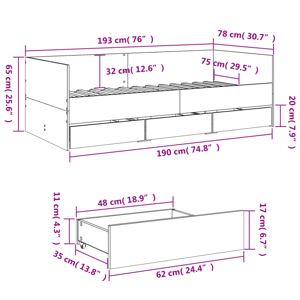 Daybed with Drawers without Mattress Grey Sonoma 75x190 cm Small Single