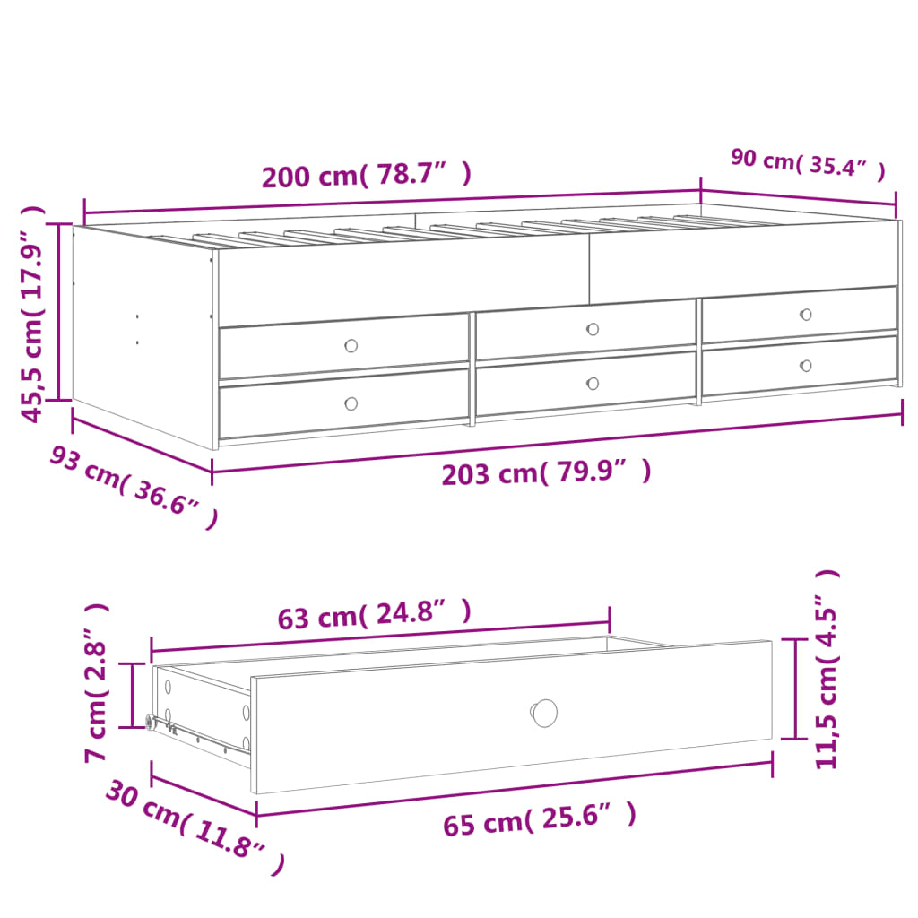 Daybed with Drawers without Mattress White 90x200 cm