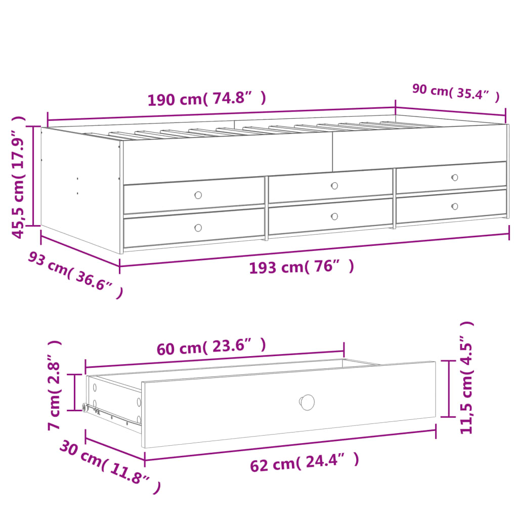 Daybed with Drawers without Mattress Grey Sonoma 90x190 cm Single