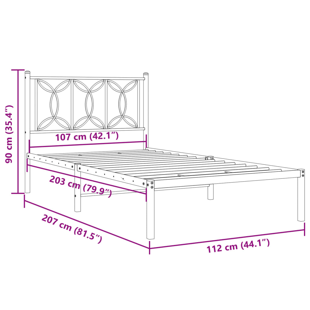 Metal Bed Frame without Mattress with Headboard Black 107x203cm