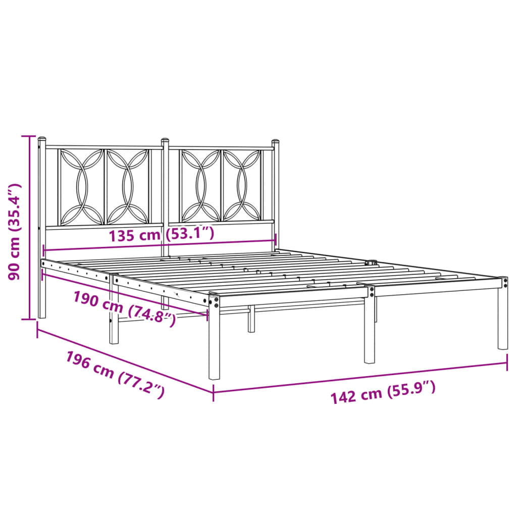 Metal Bed Frame without Mattress with Headboard Black 135x190cm