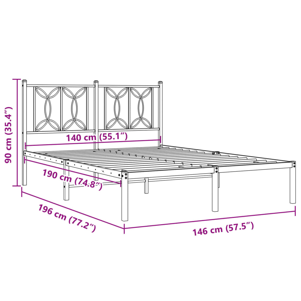 Metal Bed Frame without Mattress with Headboard Black 140x190cm