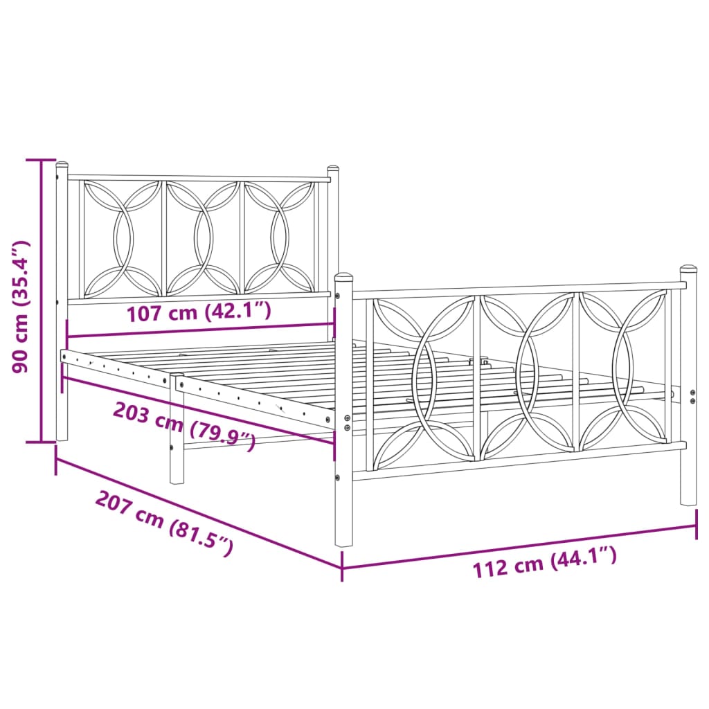 Metal Bed Frame without Mattress with Footboard White 107x203cm