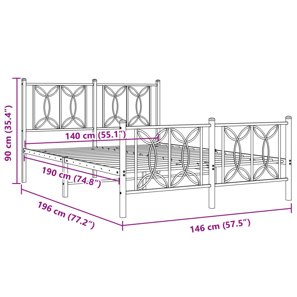 Metal Bed Frame without Mattress with Footboard White 140x190cm