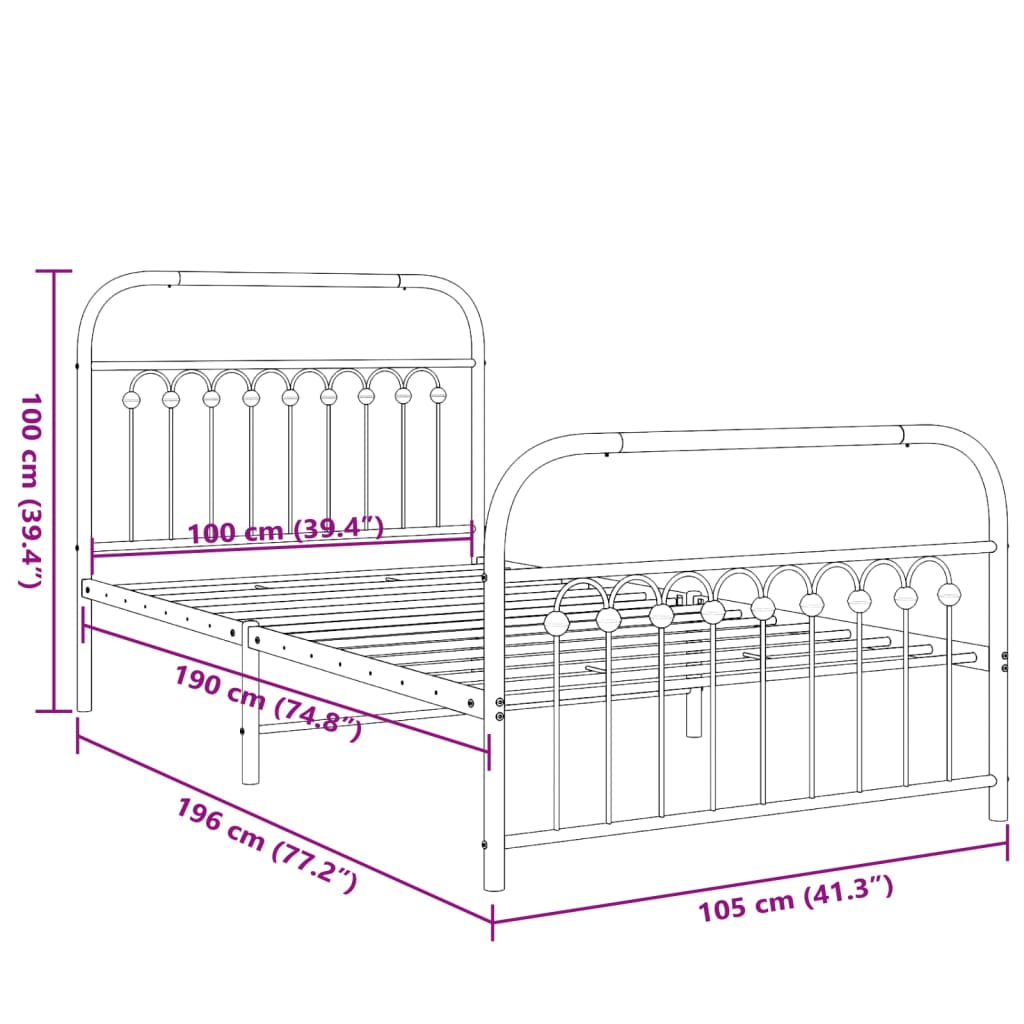 Metal Bed Frame without Mattress with Footboard Black 100x190cm