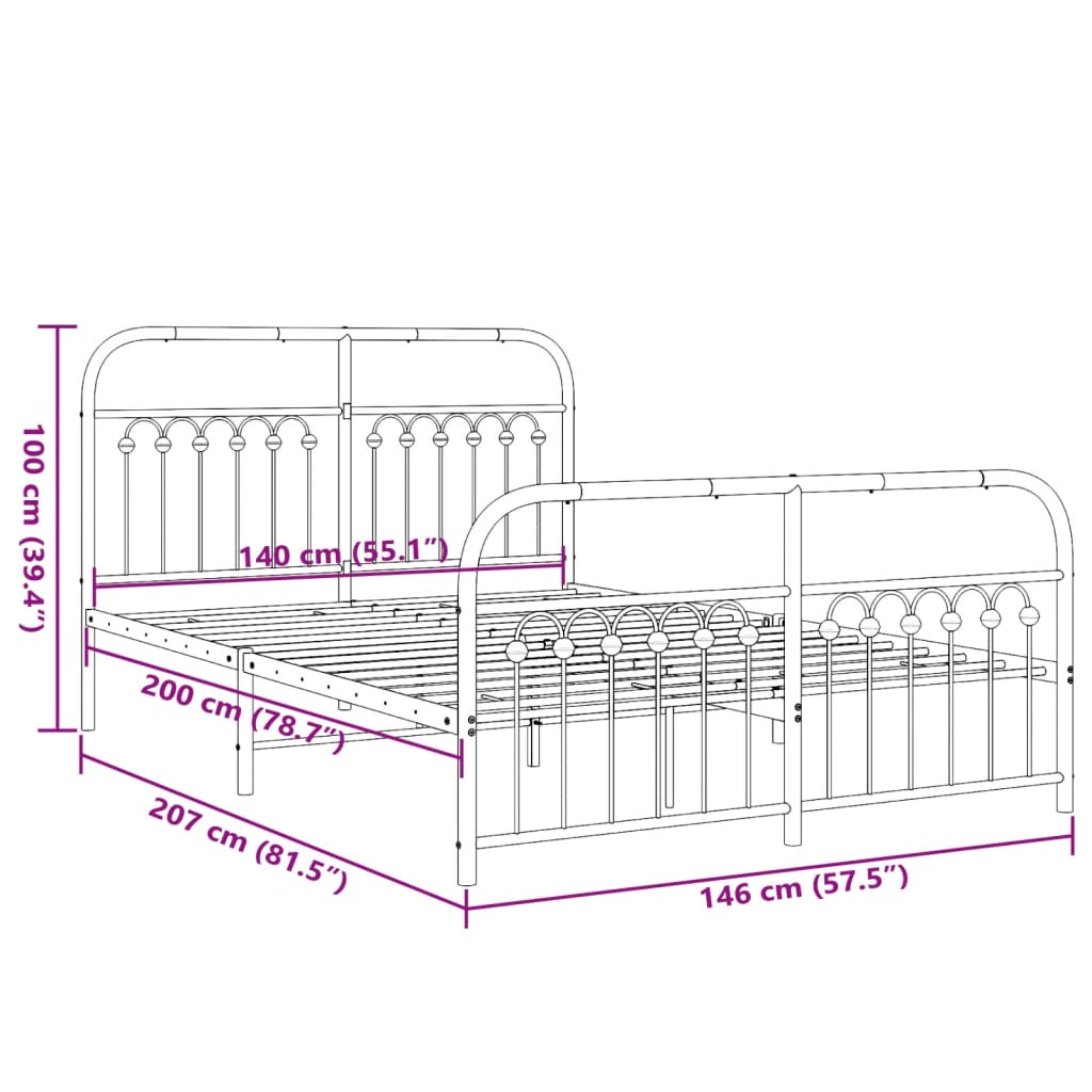 Metal Bed Frame without Mattress with Footboard Black 140x200cm