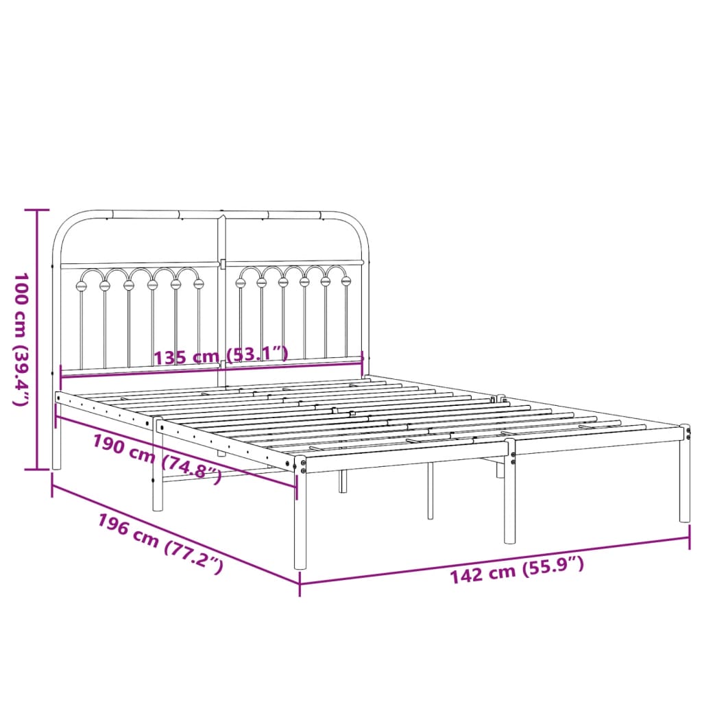 Metal Bed Frame without Mattress with Headboard White 135x190cm