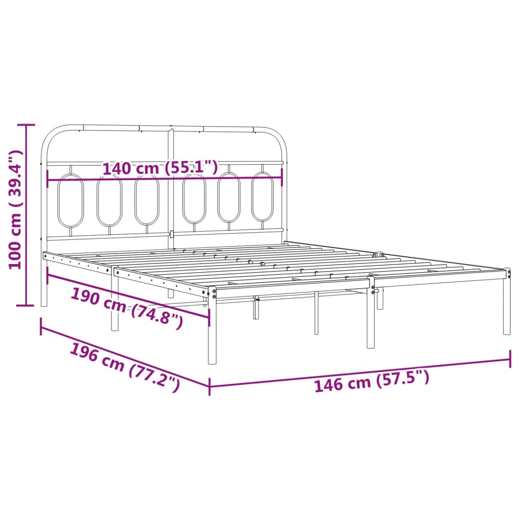 Metal Bed Frame without Mattress with Headboard Black 140x190cm