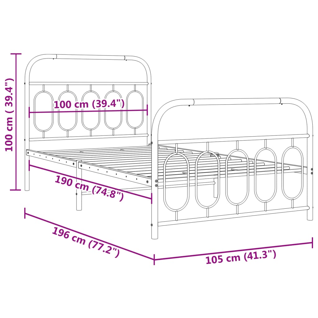 Metal Bed Frame without Mattress with Footboard White 100x190cm