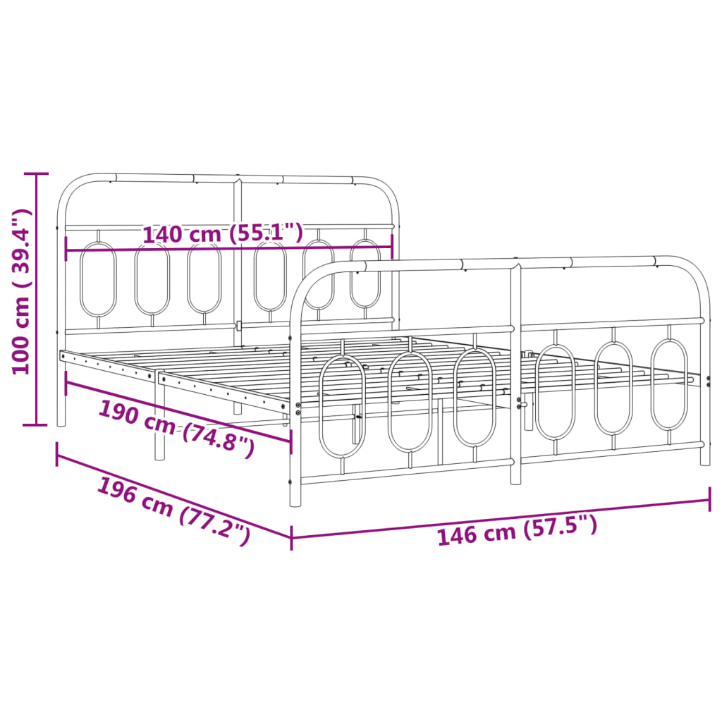 Metal Bed Frame without Mattress with Footboard White 140x190cm