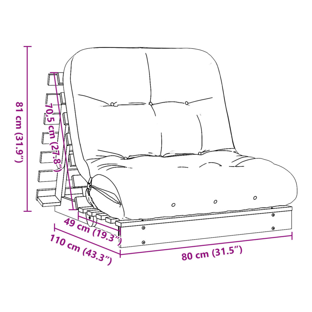 Futon Sofa Bed with Mattress White 80x206x11 cm Solid Wood Pine
