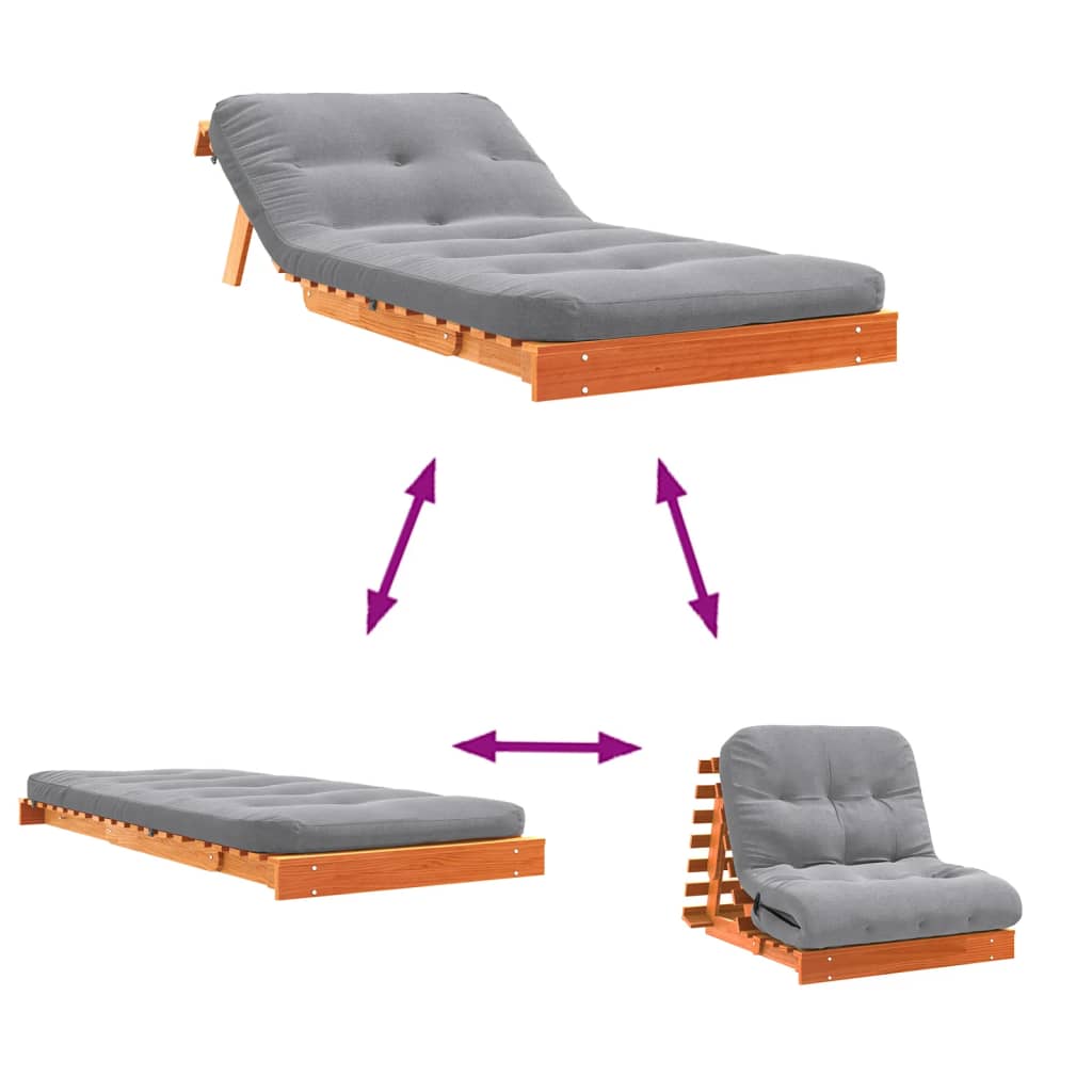 Futon Sofa Bed with Mattress Wax Brown 80x206x11 cm Solid Wood Pine