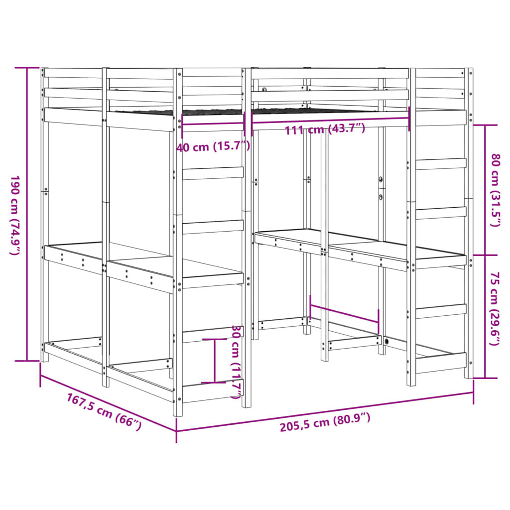 Loft Bed with Desk and Ladder 160x200 cm Solid Wood Pine