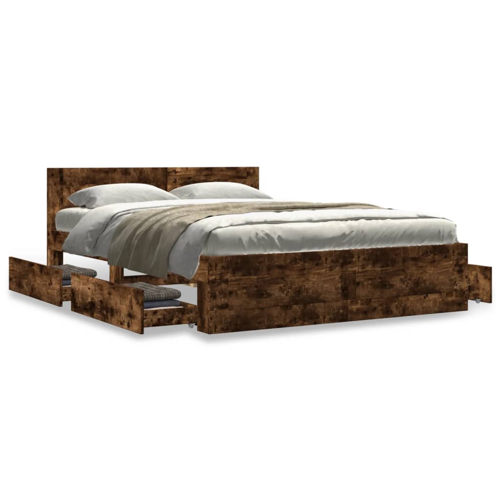 Bed Frame with Headboard without Mattress Smoked Oak 140x190 cm