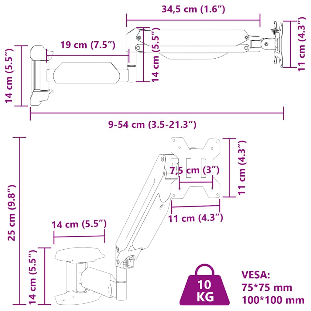 Monitor Wall Mount for Max 27 Inch Screen Gas Spring 10 kg