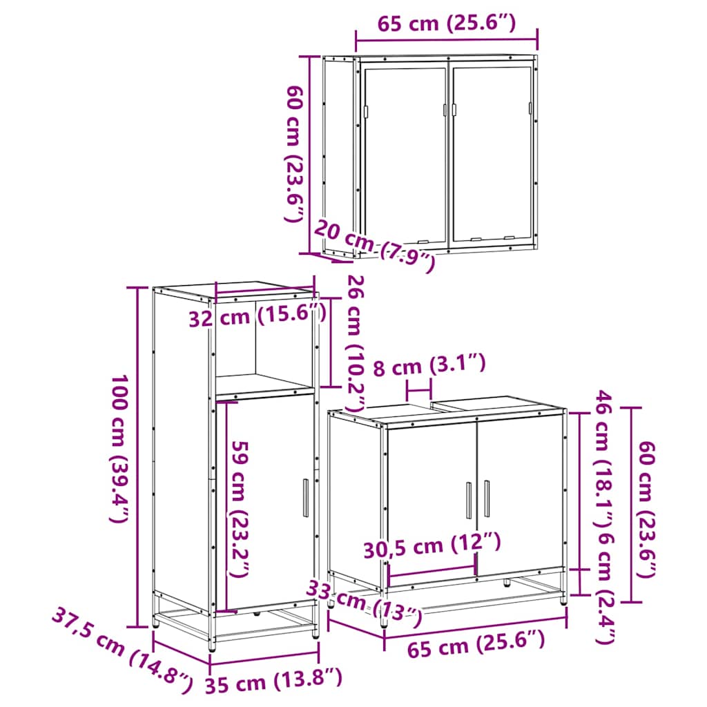 3 Piece Bathroom Furniture Set Sonoma Oak Engineered Wood