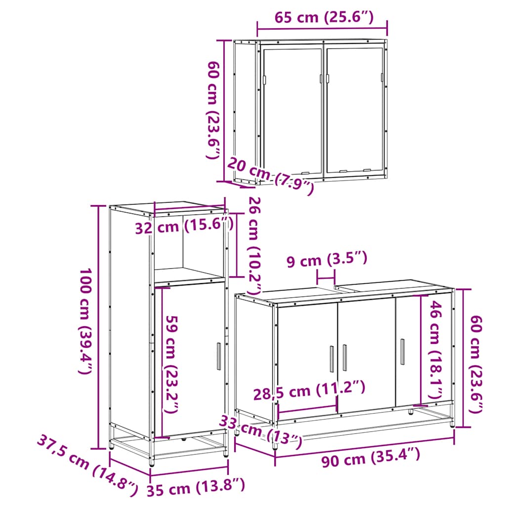 3 Piece Bathroom Furniture Set Smoked Oak Engineered Wood