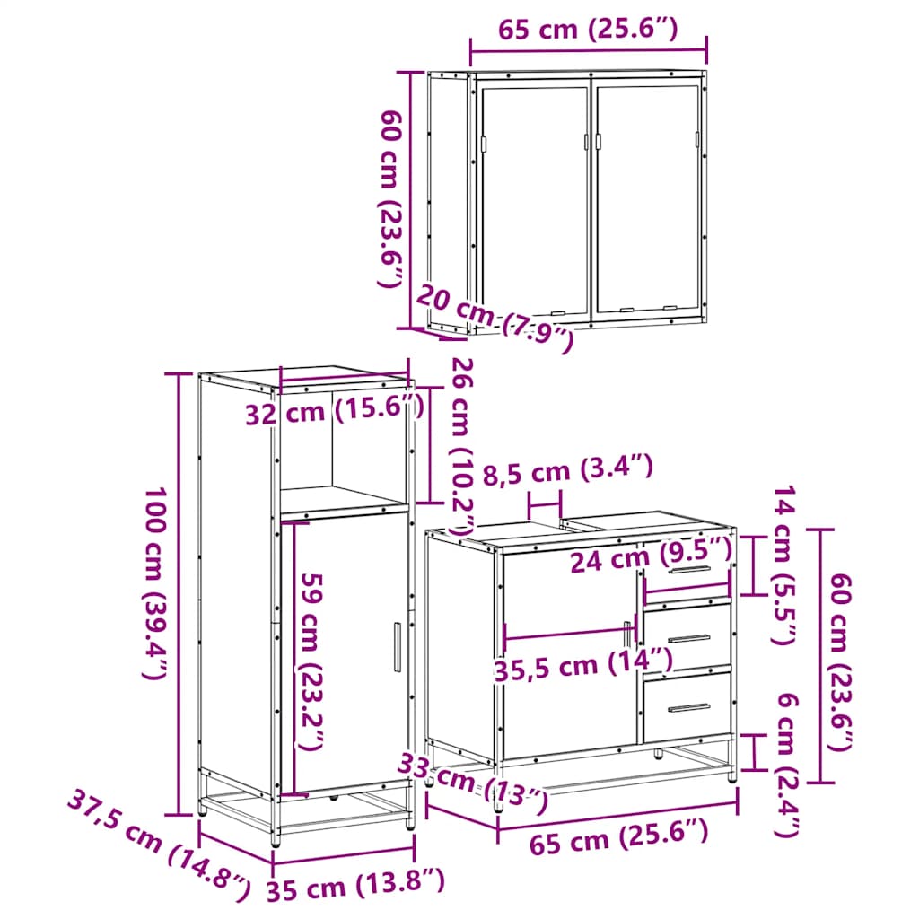3 Piece Bathroom Furniture Set Sonoma Oak Engineered Wood
