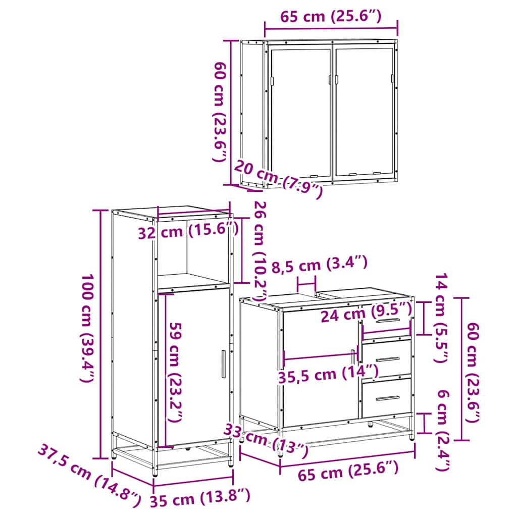 3 Piece Bathroom Furniture Set Smoked Oak Engineered Wood