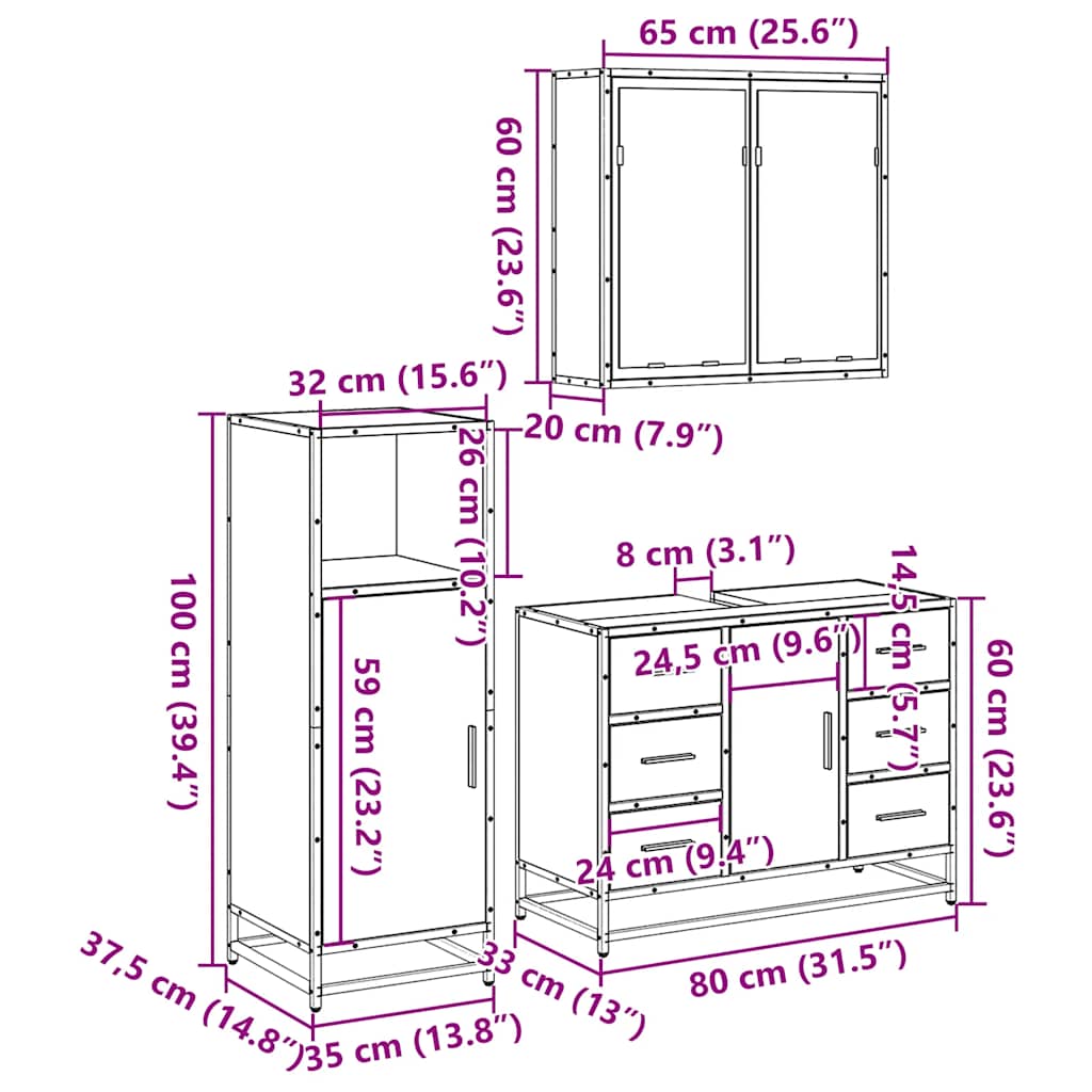3 Piece Bathroom Furniture Set Smoked Oak Engineered Wood