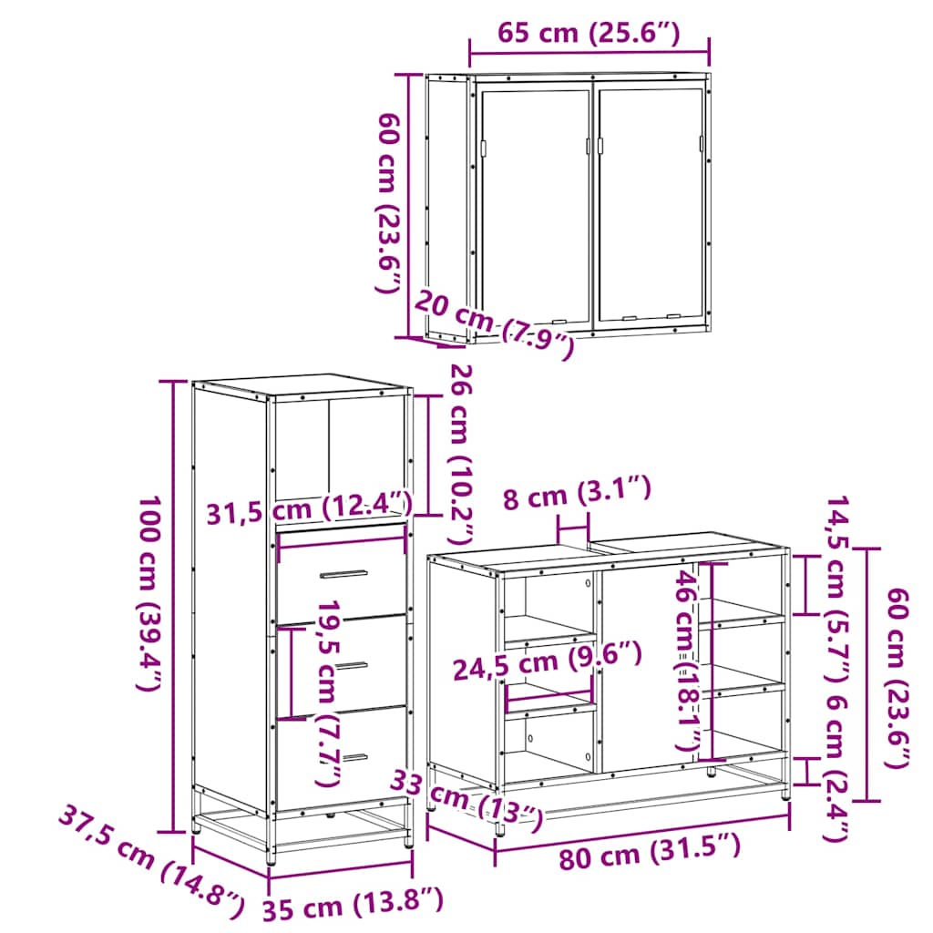 3 Piece Bathroom Furniture Set Sonoma Oak Engineered Wood