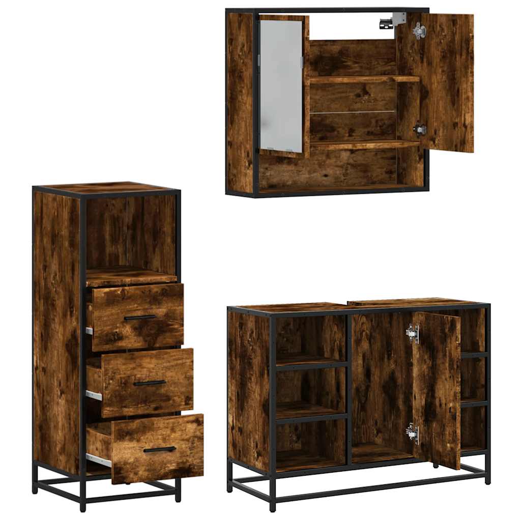 3 Piece Bathroom Furniture Set Smoked Oak Engineered Wood