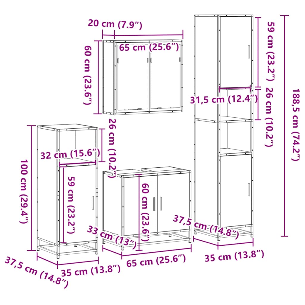 4 Piece Bathroom Furniture Set Smoked Oak Engineered Wood