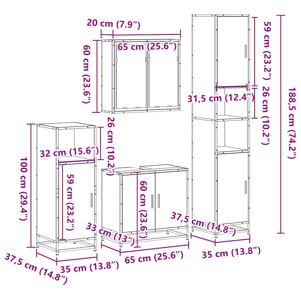 4 Piece Bathroom Furniture Set Brown Oak Engineered Wood