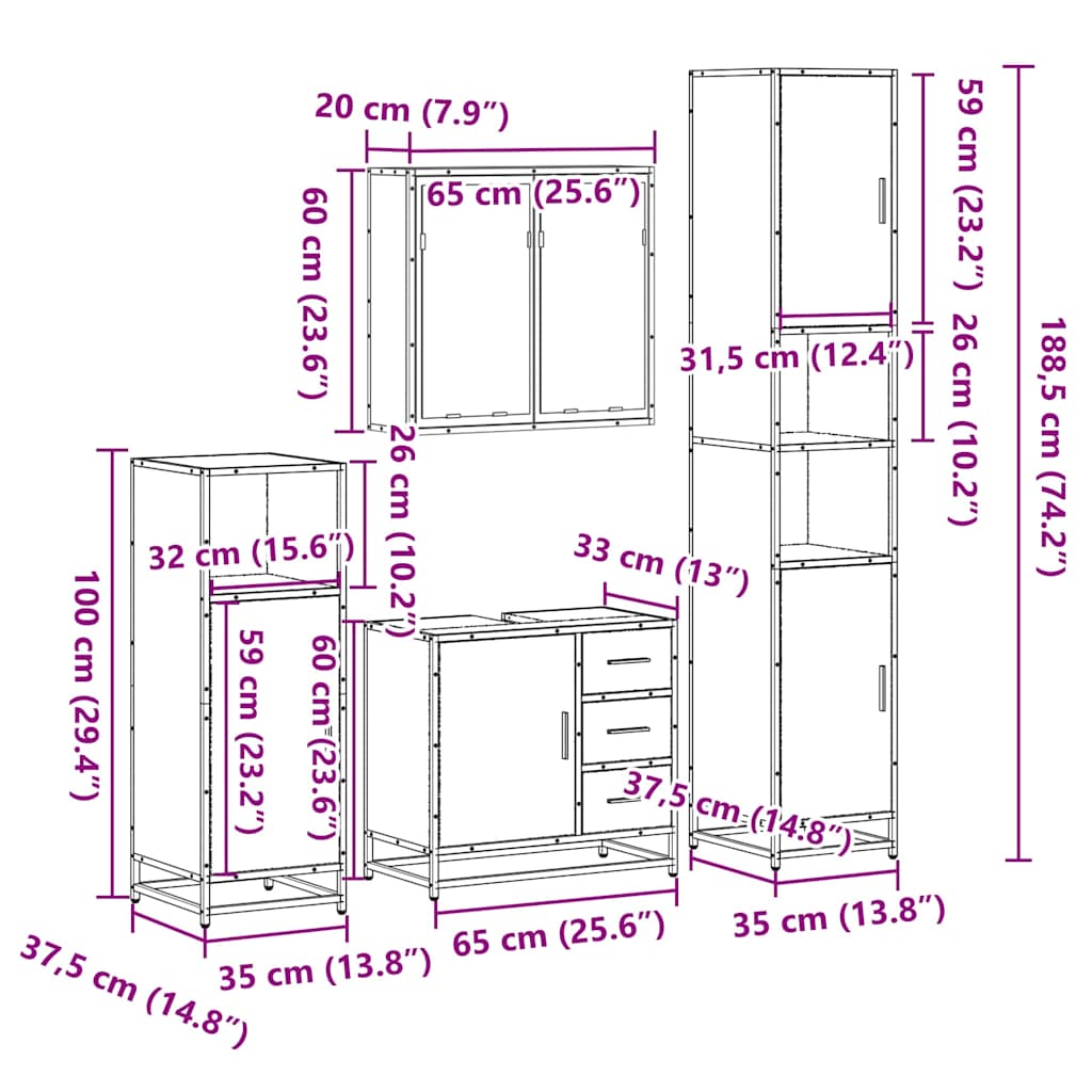 4 Piece Bathroom Furniture Set Sonoma Oak Engineered Wood
