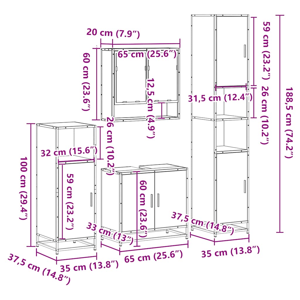 4 Piece Bathroom Furniture Set Smoked Oak Engineered Wood