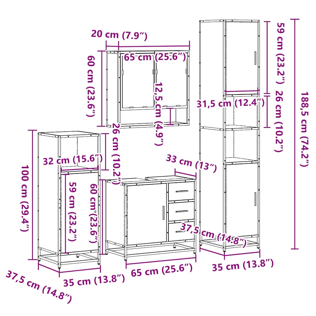 4 Piece Bathroom Furniture Set Sonoma Oak Engineered Wood