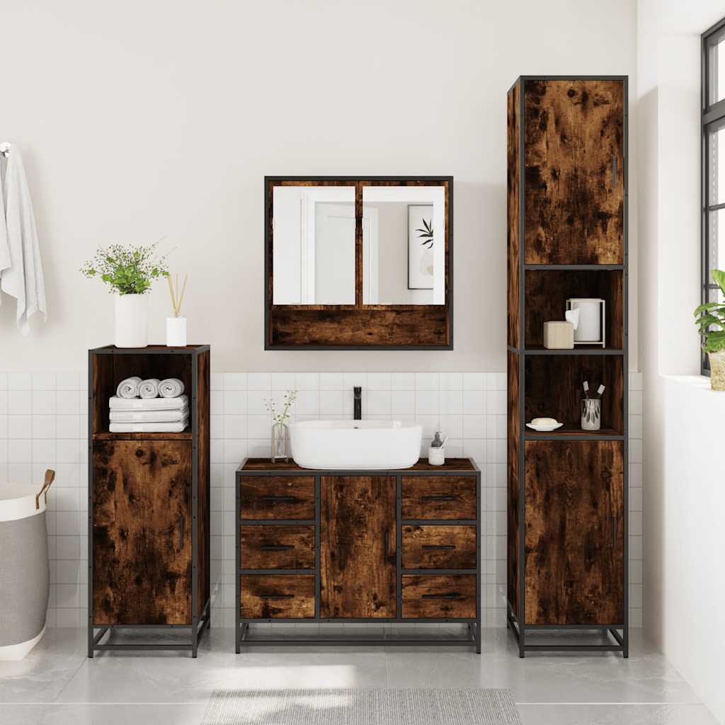 4 Piece Bathroom Furniture Set Smoked Oak Engineered Wood
