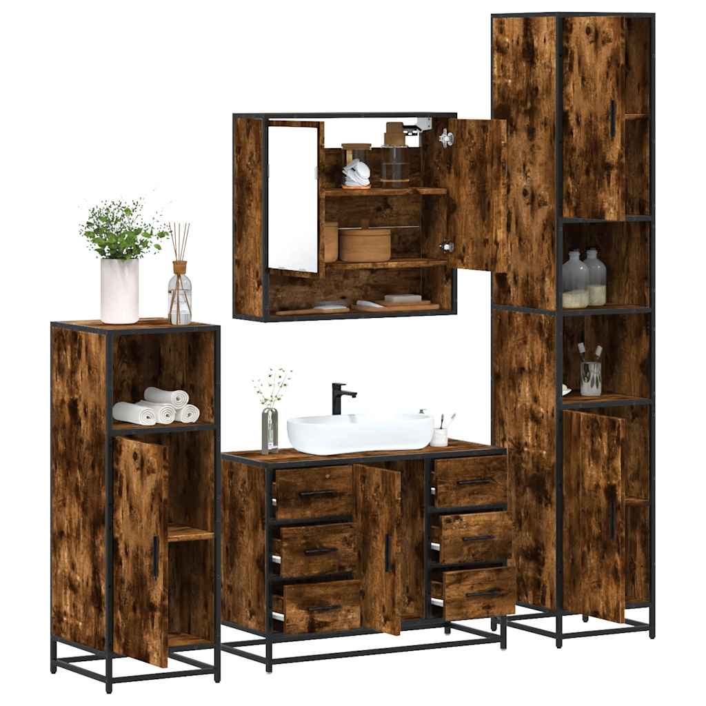 4 Piece Bathroom Furniture Set Smoked Oak Engineered Wood