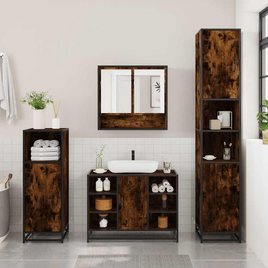 4 Piece Bathroom Furniture Set Smoked Oak Engineered Wood