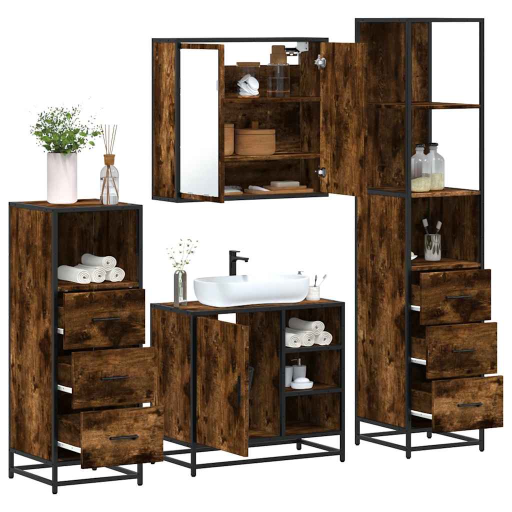 4 Piece Bathroom Furniture Set Smoked Oak Engineered Wood