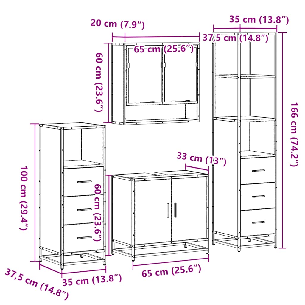 4 Piece Bathroom Furniture Set Smoked Oak Engineered Wood