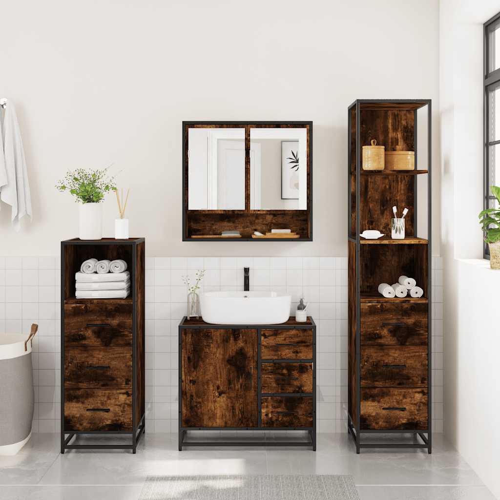 4 Piece Bathroom Furniture Set Smoked Oak Engineered Wood