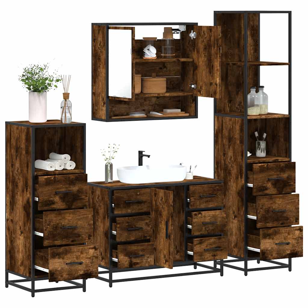 4 Piece Bathroom Furniture Set Smoked Oak Engineered Wood