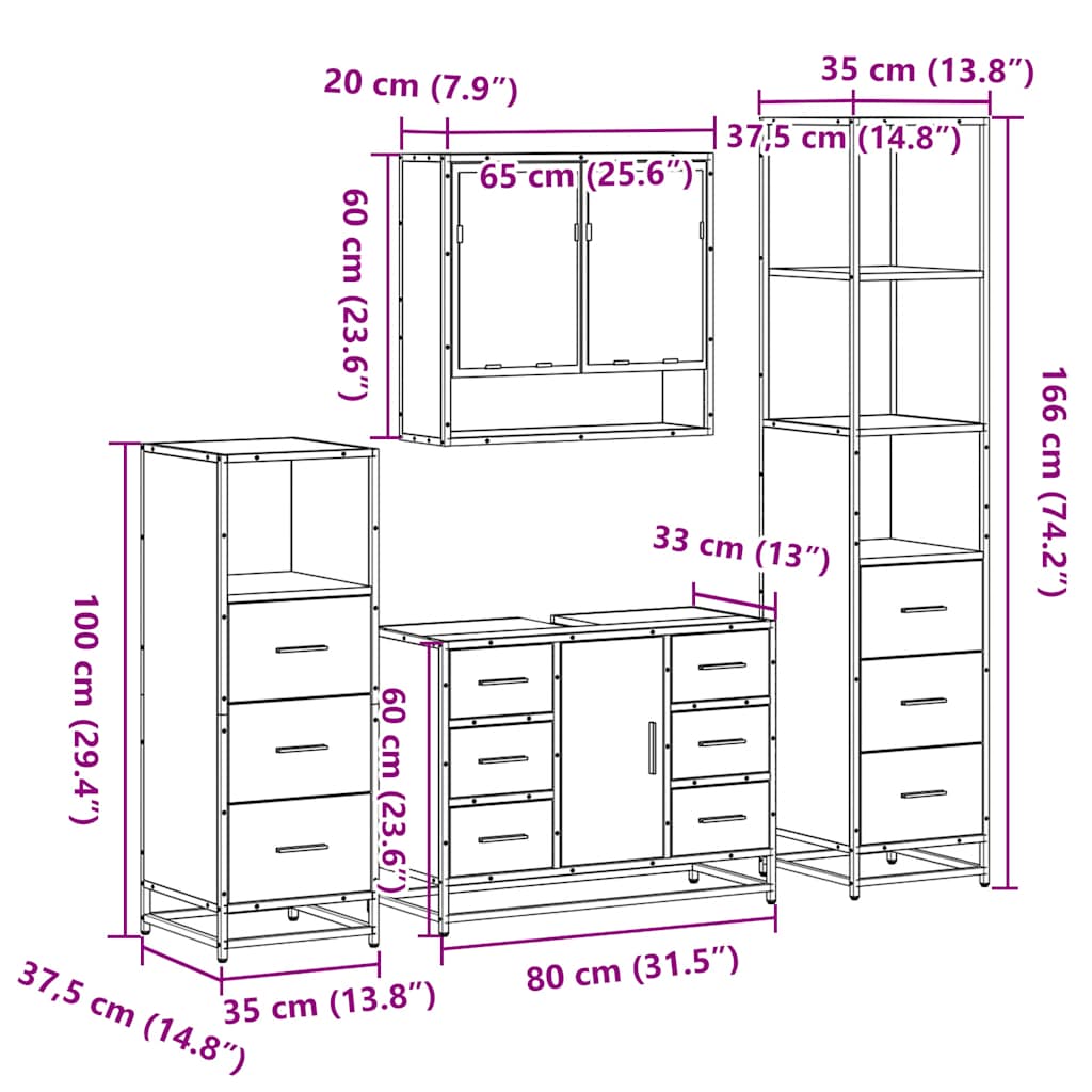4 Piece Bathroom Furniture Set Smoked Oak Engineered Wood